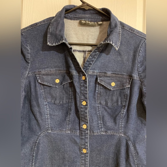 Nina Leonard Mini Buttoned Denim Jean Short Sleeve Blue Pockets Dress Size Large - Picture 2 of 9